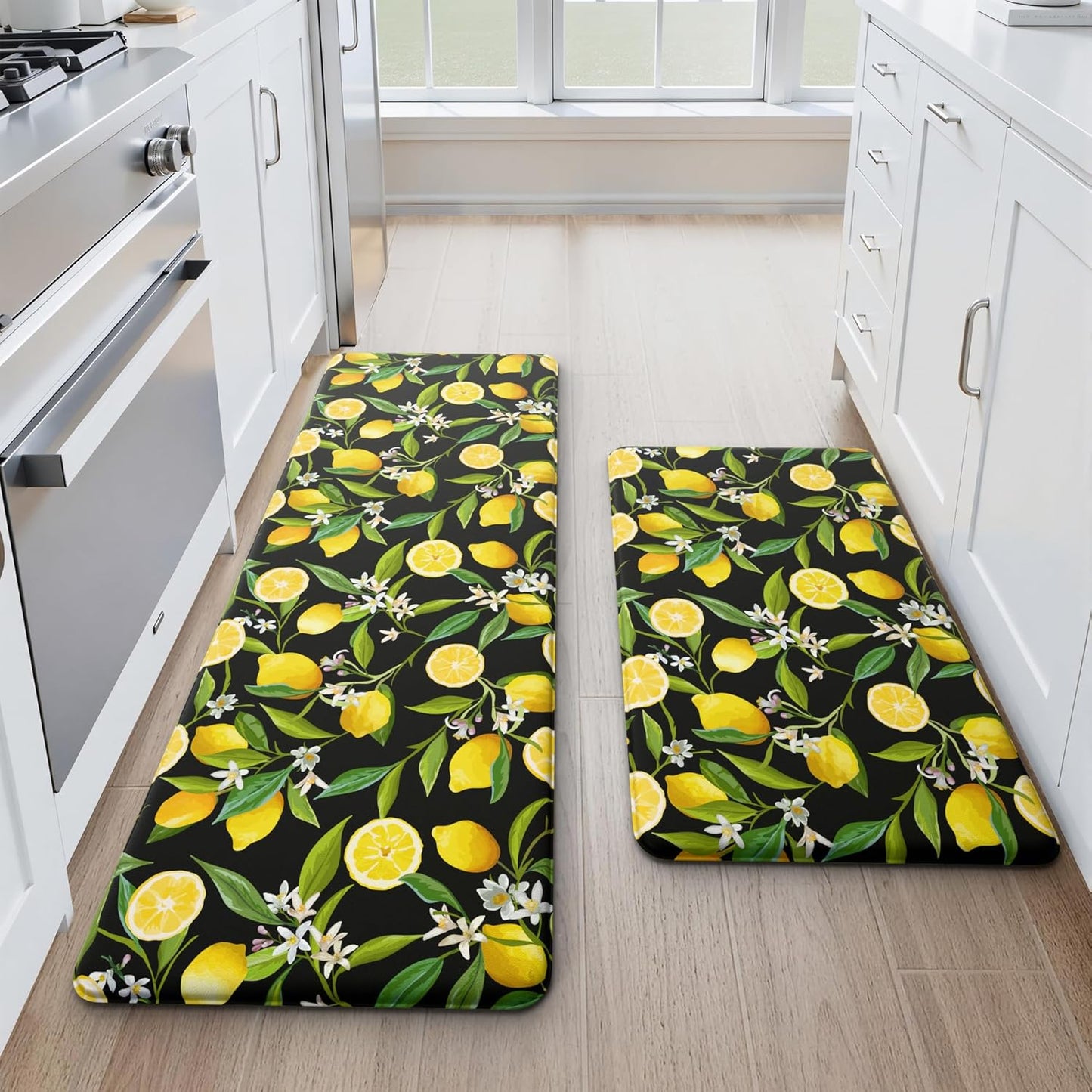 Lemon Kitchen Mat Set of 2 - Anti Fatigue Mats for Kitchen Floor - Non Slip Cushioned Rugs for Standing - Lemon Decor (17.3"×29"+17.3"×47"-0.4") Black