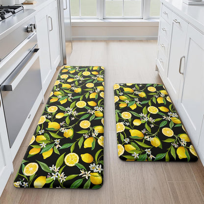 Lemon Kitchen Mat Set of 2 - Anti Fatigue Mats for Kitchen Floor - Non Slip Cushioned Rugs for Standing - Lemon Decor (17.3"×29"+17.3"×47"-0.4") Black