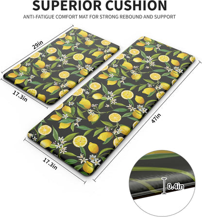 Lemon Kitchen Mat Set of 2 - Anti Fatigue Mats for Kitchen Floor - Non Slip Cushioned Rugs for Standing - Lemon Decor (17.3"×29"+17.3"×47"-0.4") Black