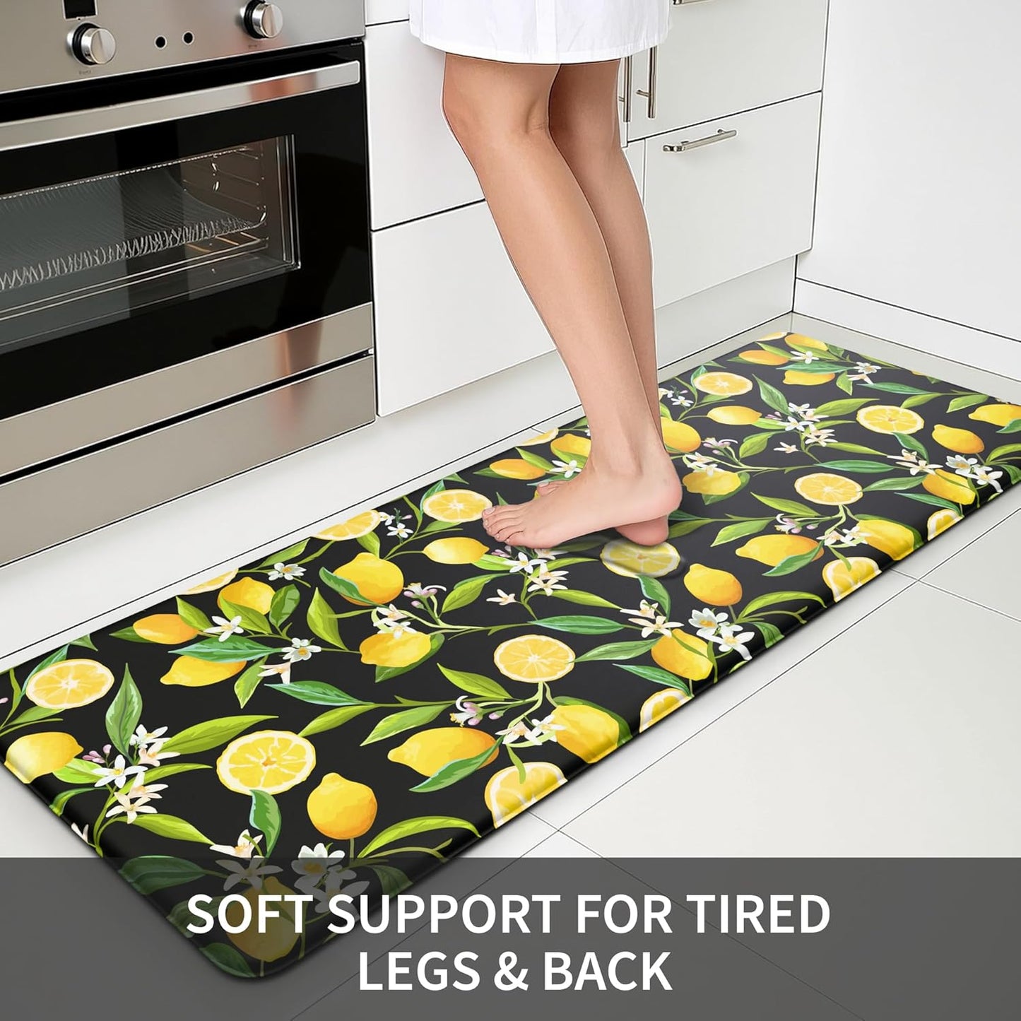 Lemon Kitchen Mat Set of 2 - Anti Fatigue Mats for Kitchen Floor - Non Slip Cushioned Rugs for Standing - Lemon Decor (17.3"×29"+17.3"×47"-0.4") Black