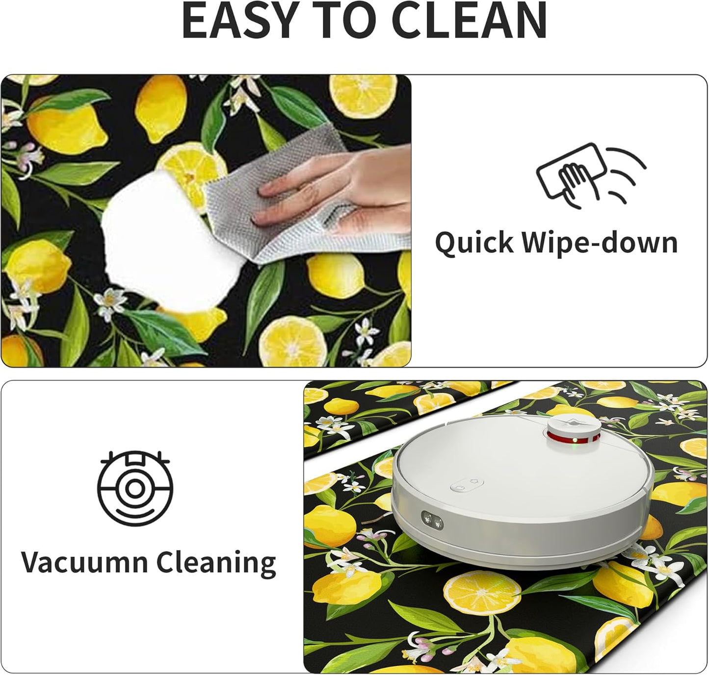 Lemon Kitchen Mat Set of 2 - Anti Fatigue Mats for Kitchen Floor - Non Slip Cushioned Rugs for Standing - Lemon Decor (17.3"×29"+17.3"×47"-0.4") Black