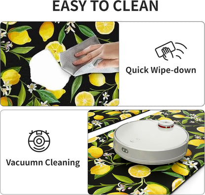 Lemon Kitchen Mat Set of 2 - Anti Fatigue Mats for Kitchen Floor - Non Slip Cushioned Rugs for Standing - Lemon Decor (17.3"×29"+17.3"×47"-0.4") Black