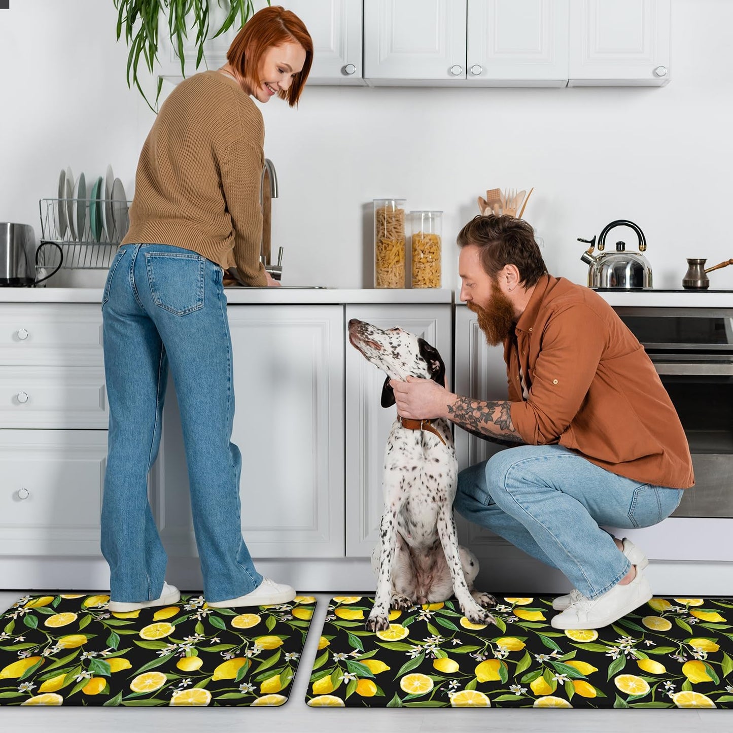 Lemon Kitchen Mat Set of 2 - Anti Fatigue Mats for Kitchen Floor - Non Slip Cushioned Rugs for Standing - Lemon Decor (17.3"×29"+17.3"×47"-0.4") Black
