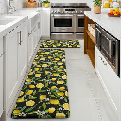 Lemon Kitchen Mat Set of 2 - Anti Fatigue Mats for Kitchen Floor - Non Slip Cushioned Rugs for Standing - Lemon Decor (17.3"×29"+17.3"×47"-0.4") Black