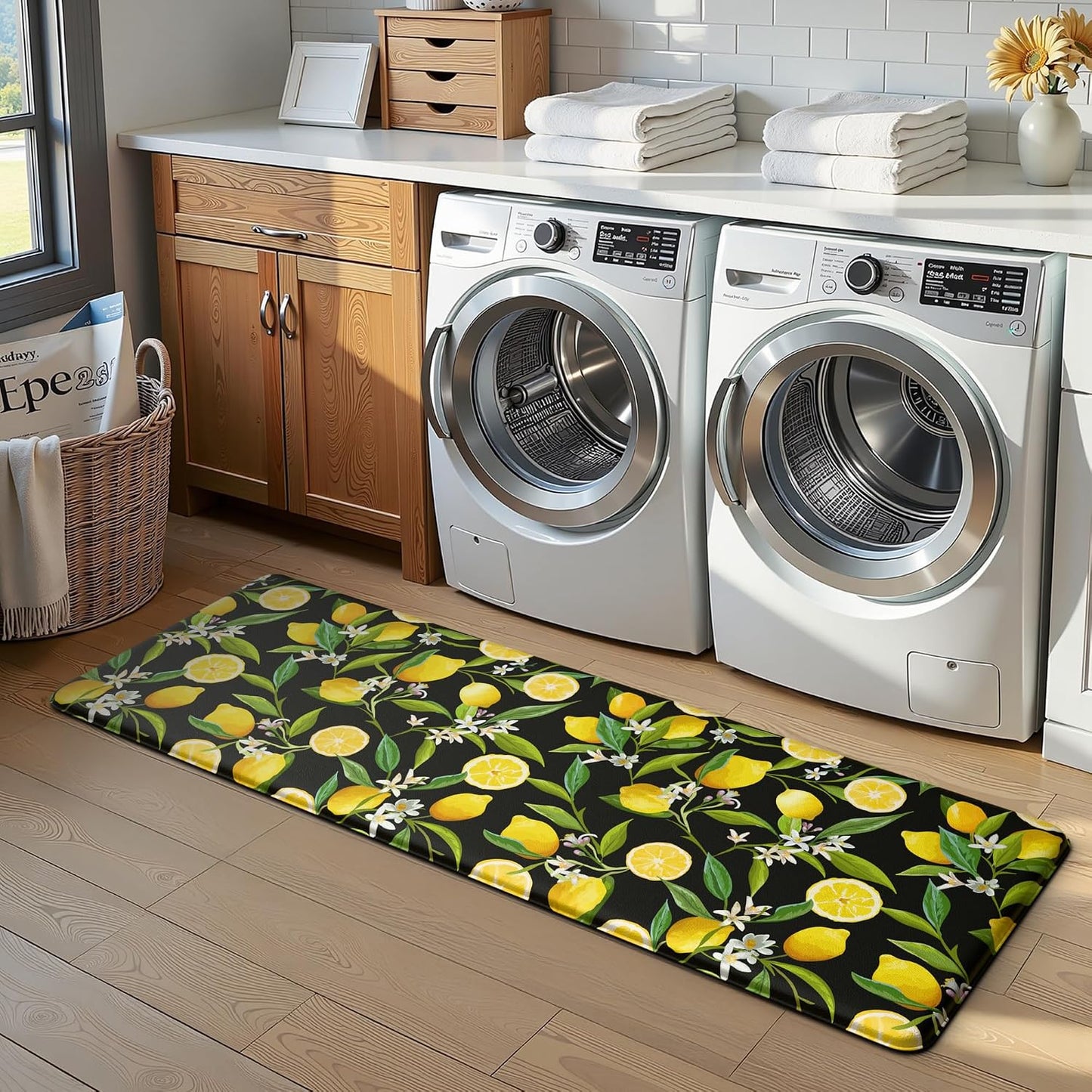 Lemon Kitchen Mat Set of 2 - Anti Fatigue Mats for Kitchen Floor - Non Slip Cushioned Rugs for Standing - Lemon Decor (17.3"×29"+17.3"×47"-0.4") Black