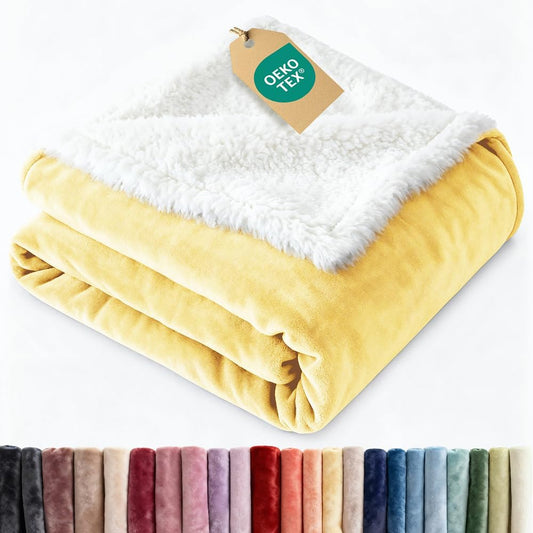Sherpa Fleece Blanket Throw Size - Reversible Blanket - Yellow, 50" x 60" | Super Soft Double Sided Blanket for Bed, Sofa, Couch, Camping & Travel, Thick, Warm & Plush, Luxurious Bedding for Winter
