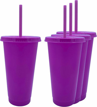 24oz Reusable Bold Color Plastic Cold Cup Tumbler with Straw and Lid 4 Pack (YELLOW)