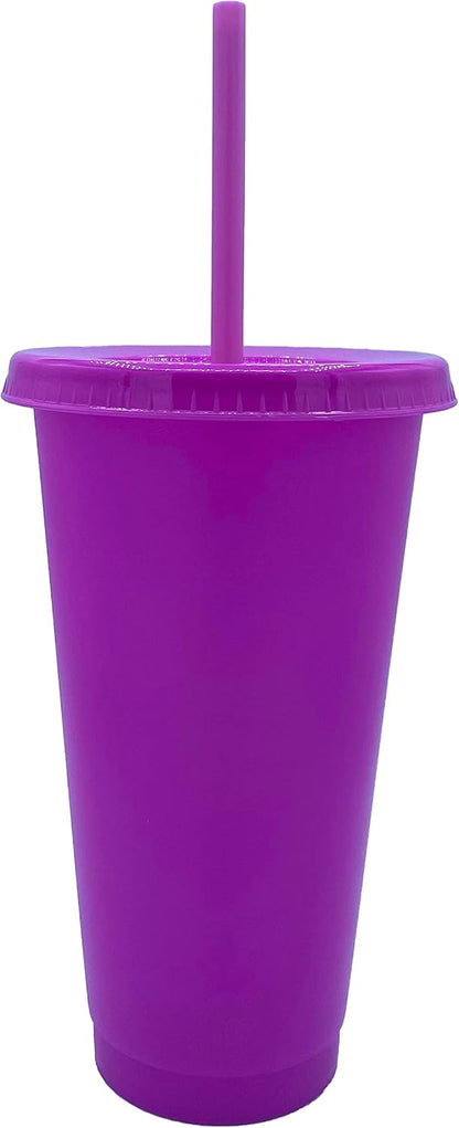 24oz Reusable Bold Color Plastic Cold Cup Tumbler with Straw and Lid 4 Pack (YELLOW)