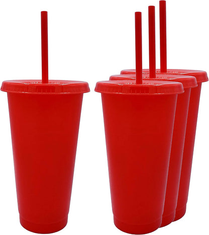 24oz Reusable Bold Color Plastic Cold Cup Tumbler with Straw and Lid 4 Pack (YELLOW)