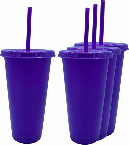 24oz Reusable Bold Color Plastic Cold Cup Tumbler with Straw and Lid 4 Pack (YELLOW)