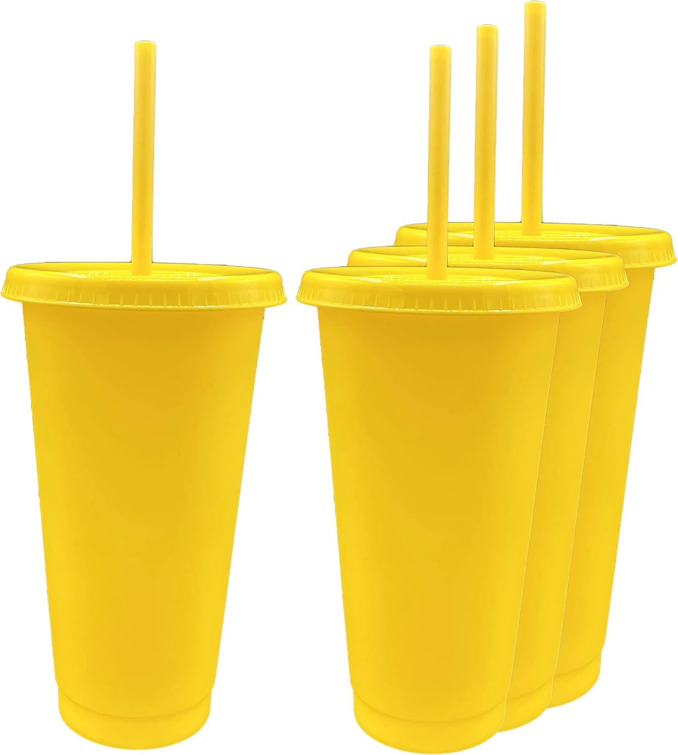 24oz Reusable Bold Color Plastic Cold Cup Tumbler with Straw and Lid 4 Pack (YELLOW)