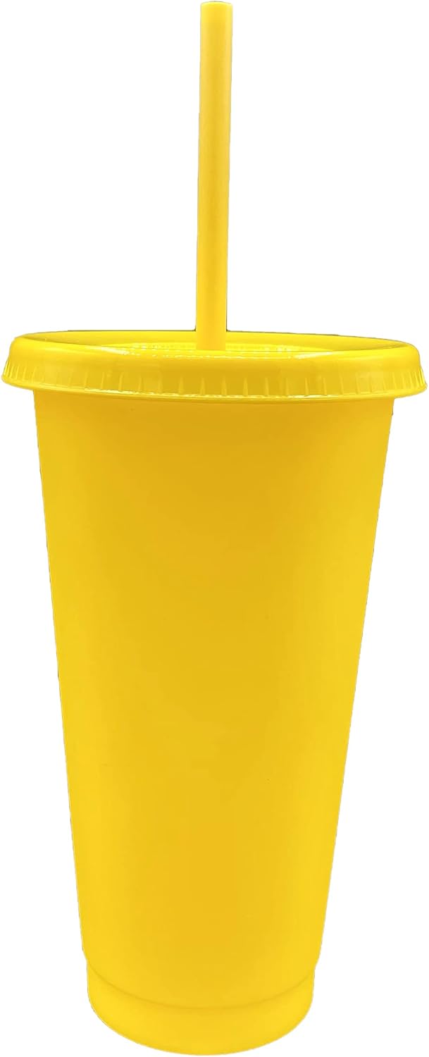 24oz Reusable Bold Color Plastic Cold Cup Tumbler with Straw and Lid 4 Pack (YELLOW)