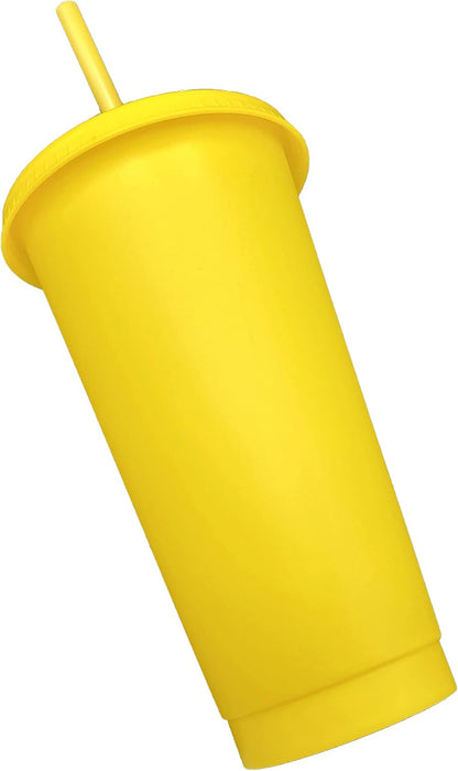 24oz Reusable Bold Color Plastic Cold Cup Tumbler with Straw and Lid 4 Pack (YELLOW)