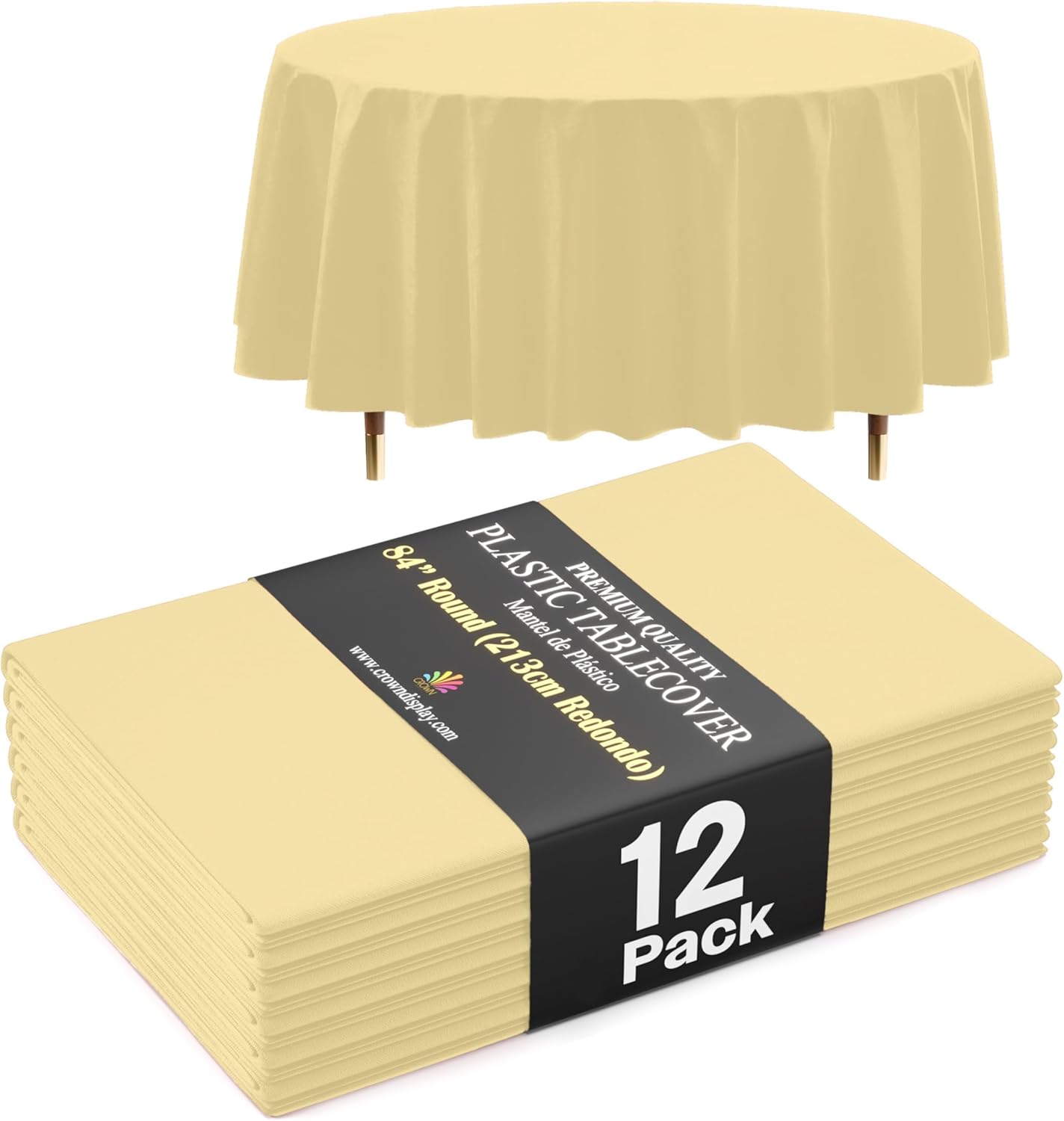 66% Thicker Premium Light Yellow Round Tablecloth 0.5 Mil 12 Pack Plastic Table Cloth Disposable 84 Inch Round Plastic Tablecloth Won't Tear Easily Like Cheap Thin Brands
