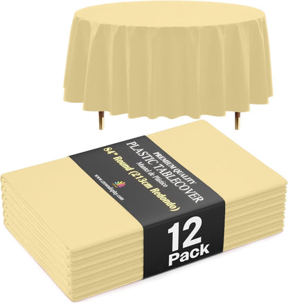 66% Thicker Premium Light Yellow Round Tablecloth 0.5 Mil 12 Pack Plastic Table Cloth Disposable 84 Inch Round Plastic Tablecloth Won't Tear Easily Like Cheap Thin Brands