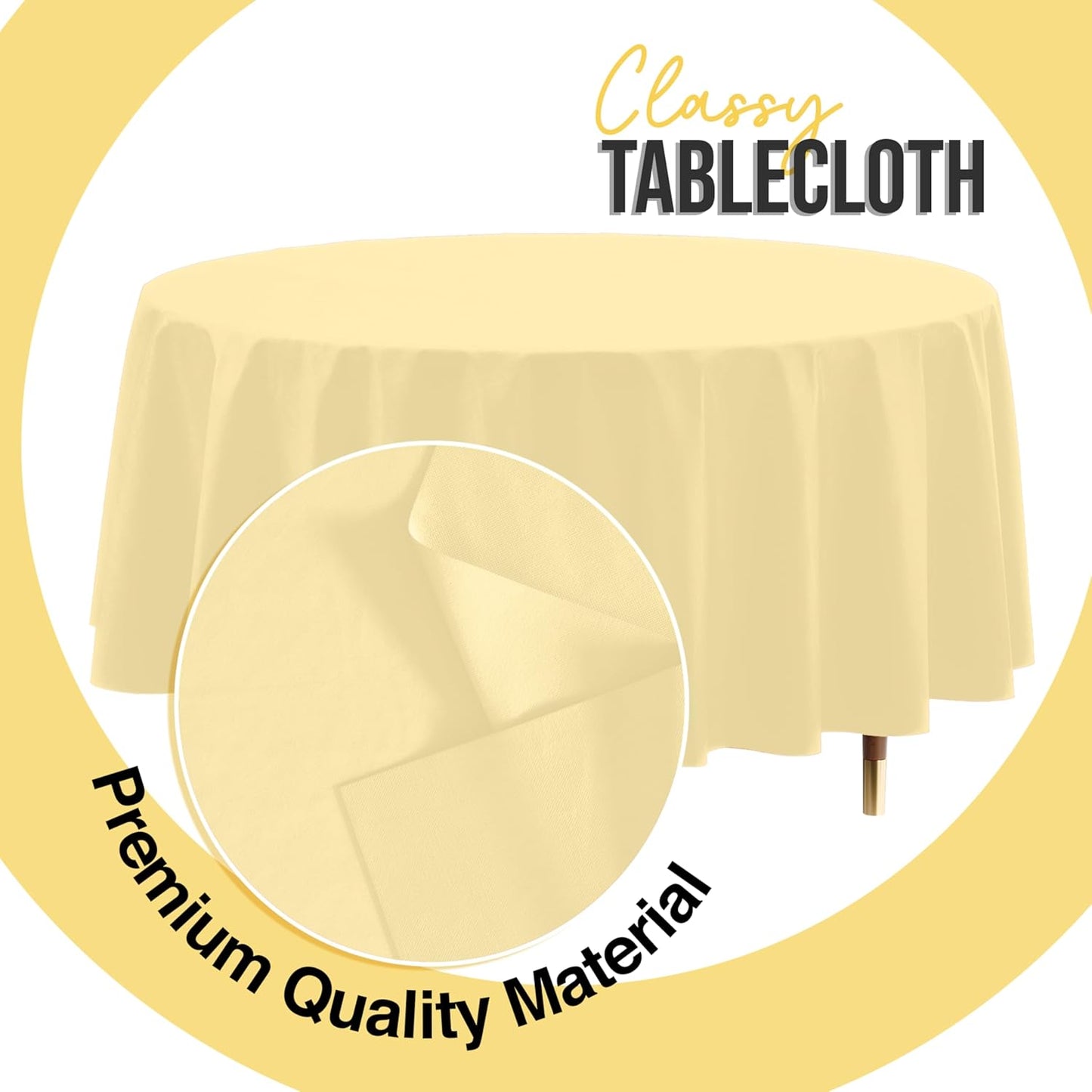 66% Thicker Premium Light Yellow Round Tablecloth 0.5 Mil 12 Pack Plastic Table Cloth Disposable 84 Inch Round Plastic Tablecloth Won't Tear Easily Like Cheap Thin Brands