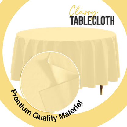 66% Thicker Premium Light Yellow Round Tablecloth 0.5 Mil 12 Pack Plastic Table Cloth Disposable 84 Inch Round Plastic Tablecloth Won't Tear Easily Like Cheap Thin Brands