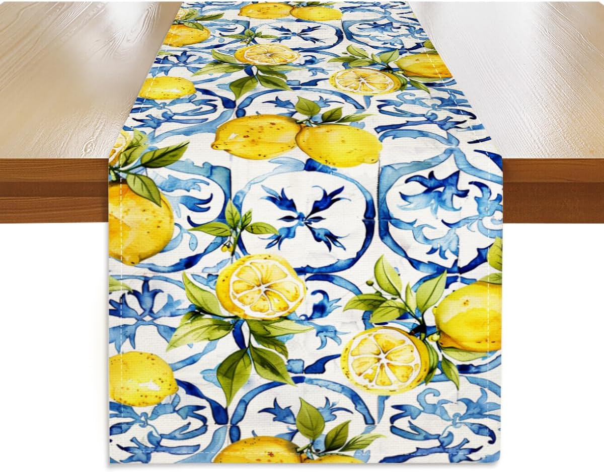 Lemon Table Runner 13x72 Inch, Italy Lemon Runners Holiday Party Decor | Spring Summer Blue Chinoiserie Linen Table Runner for Dining Room Living Room Kitchen Home Party Indoor Outdoor Farmhouse