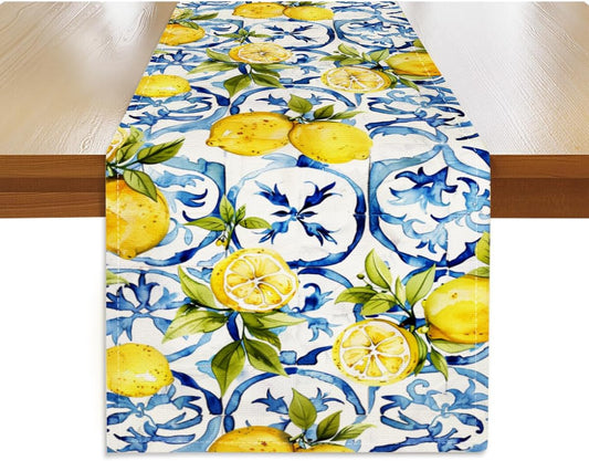 Lemon Table Runner 13x72 Inch, Italy Lemon Runners Holiday Party Decor | Spring Summer Blue Chinoiserie Linen Table Runner for Dining Room Living Room Kitchen Home Party Indoor Outdoor Farmhouse