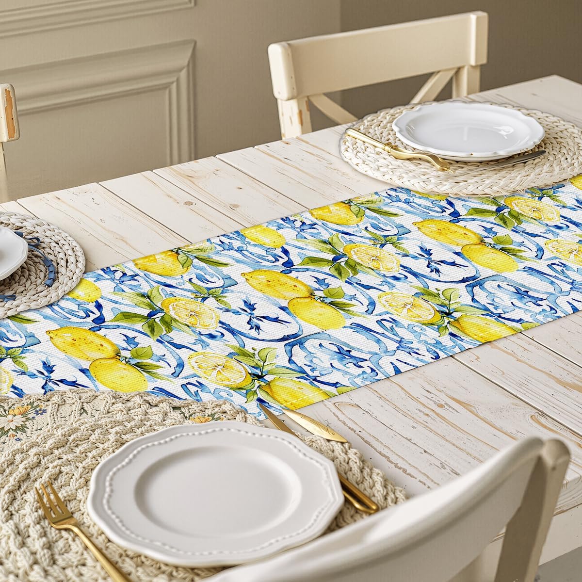 Lemon Table Runner 13x72 Inch, Italy Lemon Runners Holiday Party Decor | Spring Summer Blue Chinoiserie Linen Table Runner for Dining Room Living Room Kitchen Home Party Indoor Outdoor Farmhouse