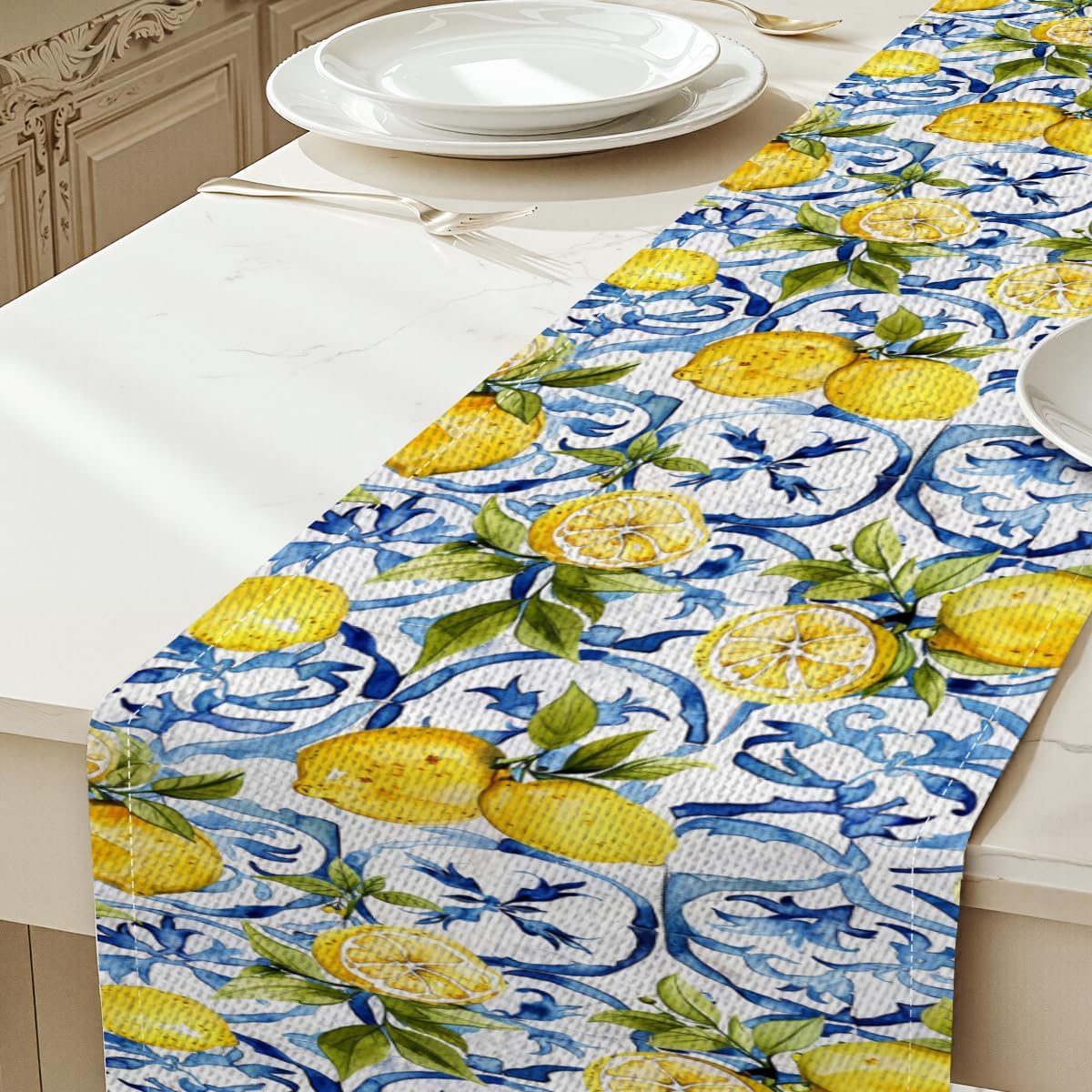 Lemon Table Runner 13x72 Inch, Italy Lemon Runners Holiday Party Decor | Spring Summer Blue Chinoiserie Linen Table Runner for Dining Room Living Room Kitchen Home Party Indoor Outdoor Farmhouse