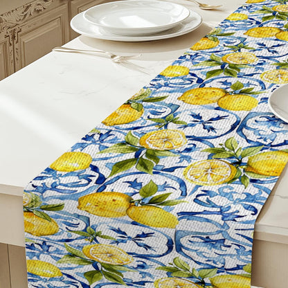 Lemon Table Runner 13x72 Inch, Italy Lemon Runners Holiday Party Decor | Spring Summer Blue Chinoiserie Linen Table Runner for Dining Room Living Room Kitchen Home Party Indoor Outdoor Farmhouse