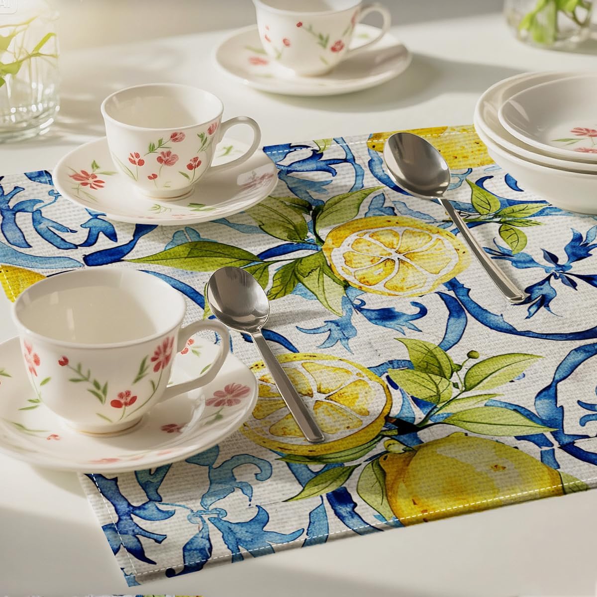 Lemon Table Runner 13x72 Inch, Italy Lemon Runners Holiday Party Decor | Spring Summer Blue Chinoiserie Linen Table Runner for Dining Room Living Room Kitchen Home Party Indoor Outdoor Farmhouse