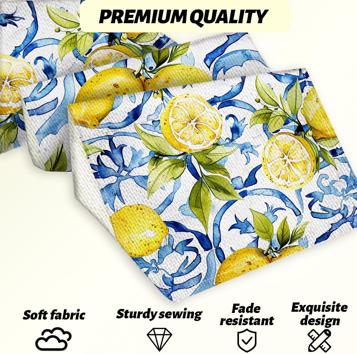 Lemon Table Runner 13x72 Inch, Italy Lemon Runners Holiday Party Decor | Spring Summer Blue Chinoiserie Linen Table Runner for Dining Room Living Room Kitchen Home Party Indoor Outdoor Farmhouse