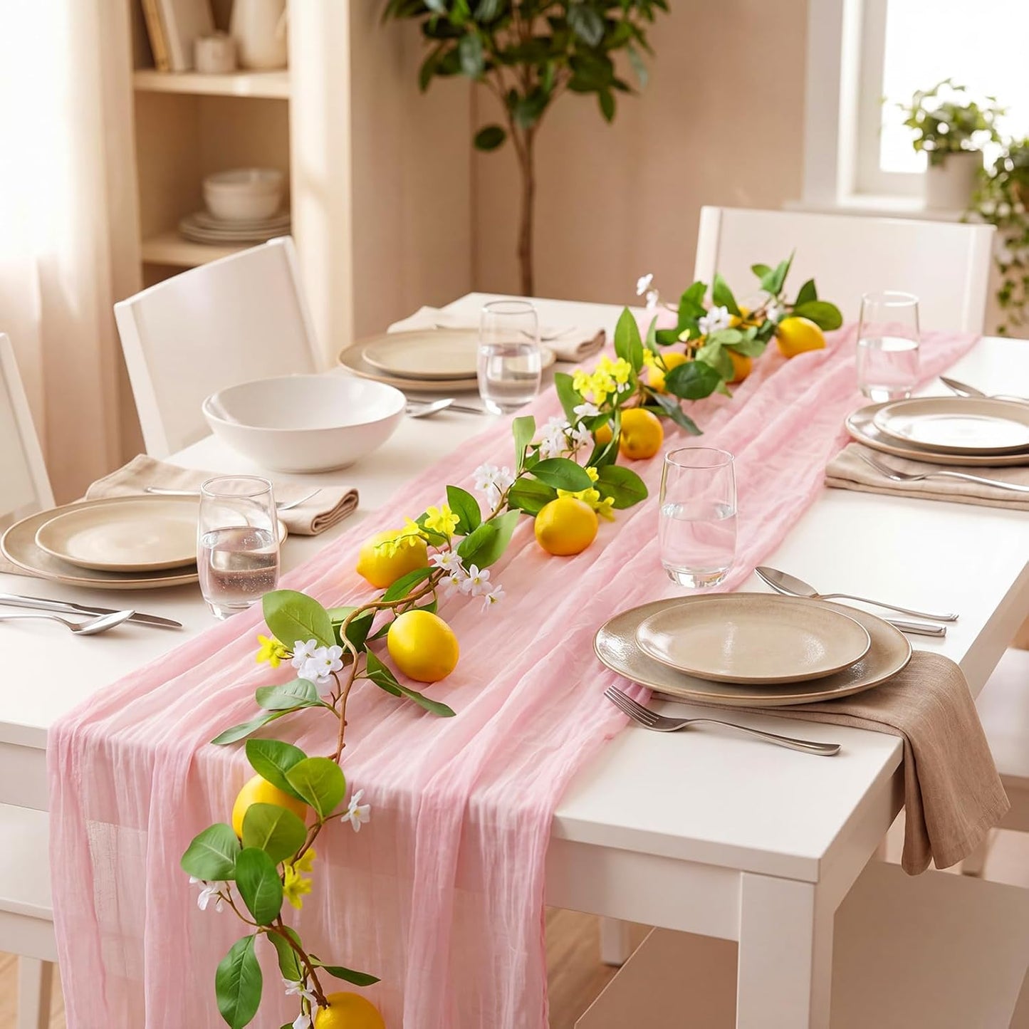 2 Pcs Amalfi Coast Party Decorations Mediterranean Table Decor, 6 ft Lemon Garland 35x 71 in Pink Cheesecloth Table Runner Capri Lemon Garland Italian Runner Summer Party Home Decor