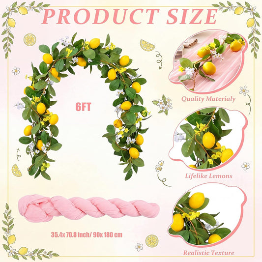 2 Pcs Amalfi Coast Party Decorations Mediterranean Table Decor, 6 ft Lemon Garland 35x 71 in Pink Cheesecloth Table Runner Capri Lemon Garland Italian Runner Summer Party Home Decor