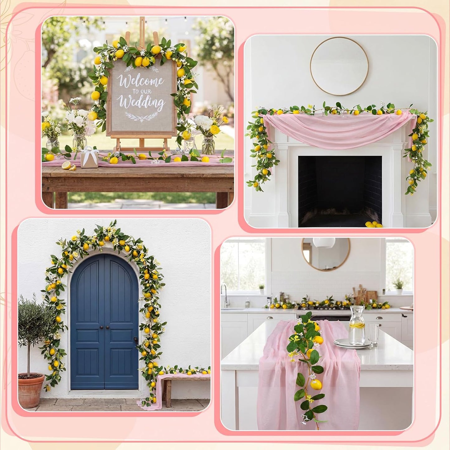 2 Pcs Amalfi Coast Party Decorations Mediterranean Table Decor, 6 ft Lemon Garland 35x 71 in Pink Cheesecloth Table Runner Capri Lemon Garland Italian Runner Summer Party Home Decor