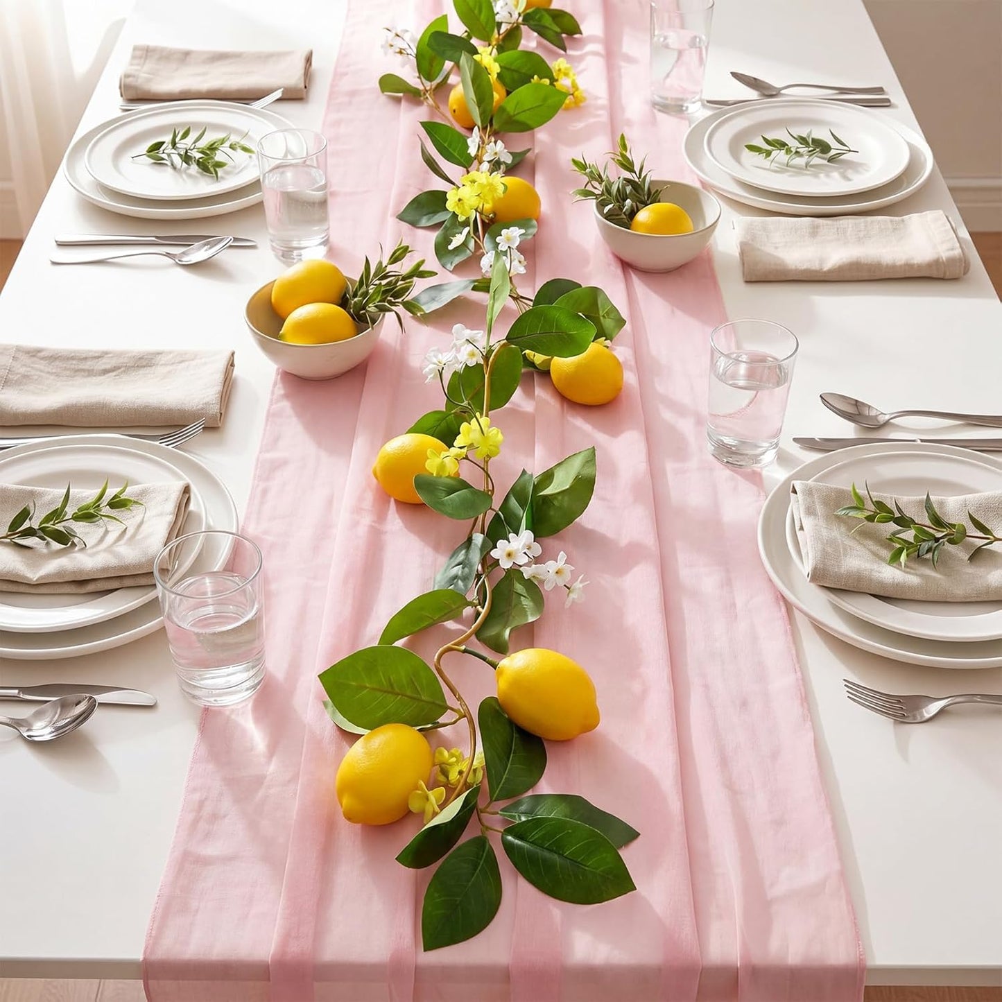 2 Pcs Amalfi Coast Party Decorations Mediterranean Table Decor, 6 ft Lemon Garland 35x 71 in Pink Cheesecloth Table Runner Capri Lemon Garland Italian Runner Summer Party Home Decor