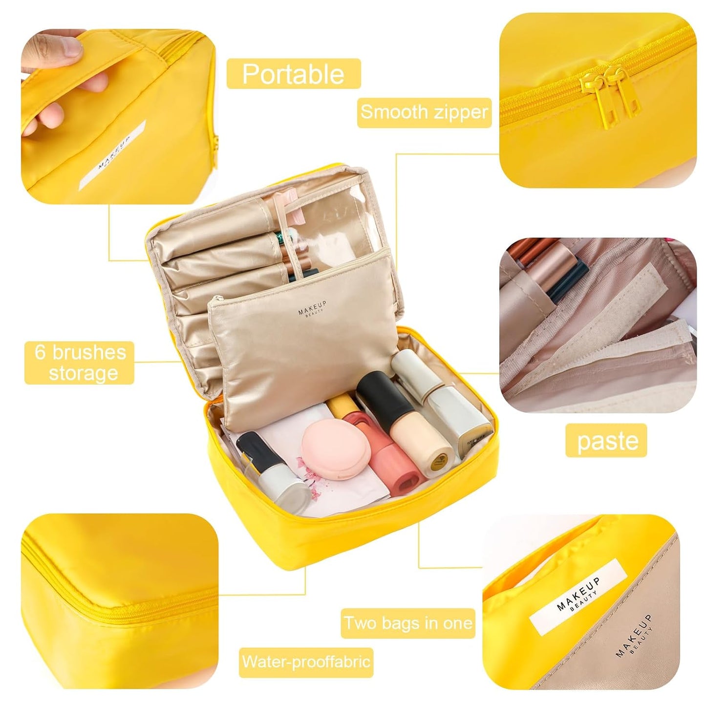 Travel Makeup Bag Cosmetic Bag Toiletry Bag for Women & Men, Yellow | Lightweight Makeup Bag, Large Capacity, Inner Waterproof Lining, Portable for Travel, Business, Daily Use