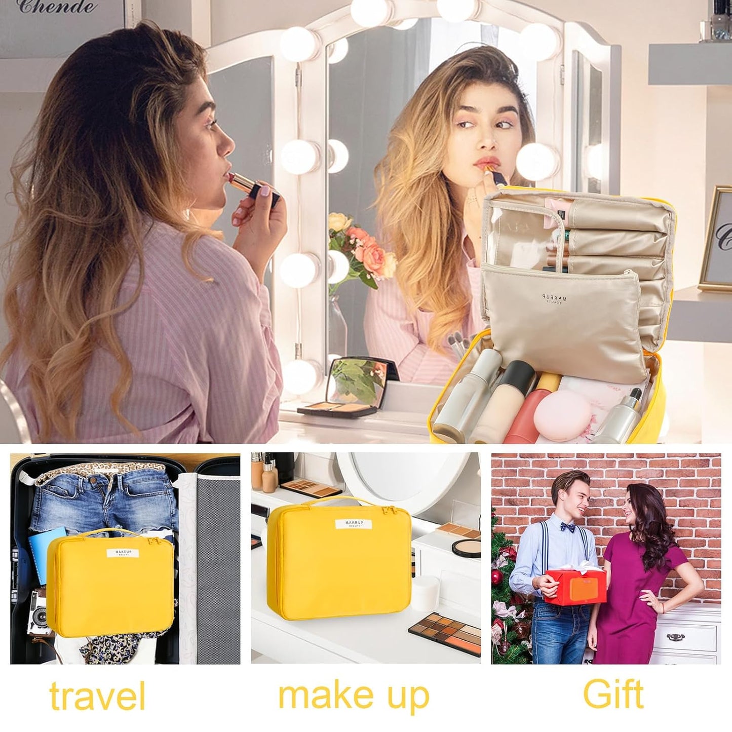 Travel Makeup Bag Cosmetic Bag Toiletry Bag for Women & Men, Yellow | Lightweight Makeup Bag, Large Capacity, Inner Waterproof Lining, Portable for Travel, Business, Daily Use