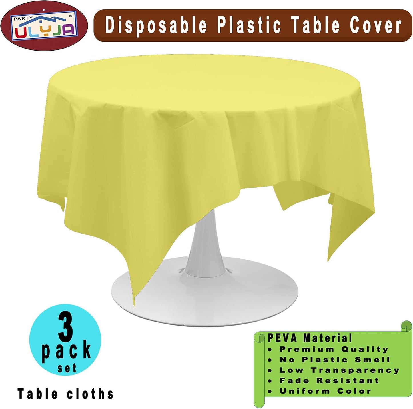Light Yellow Tablecloths Plastic 3 Pack Premium 84 Inches Disposable Table Covers Decorative Table Cloths for Round Dinning Kitchen Tables