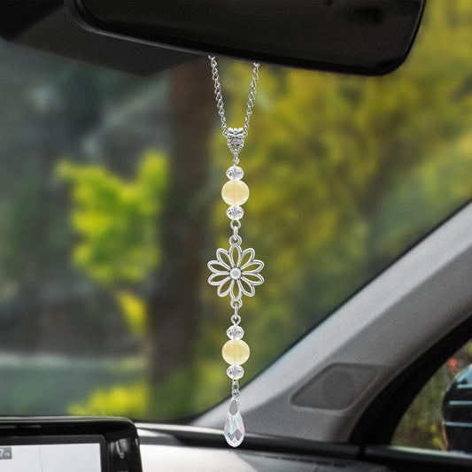 Flower Rear View Mirror Car Charms, Rear View Mirror Accessories, Crystal Boho Auto Hanging Decor, Sun Catcher Cute Car Interior Decorations Accessories for Women Men (Yellow)