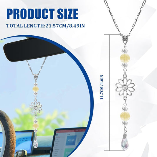 Flower Rear View Mirror Car Charms, Rear View Mirror Accessories, Crystal Boho Auto Hanging Decor, Sun Catcher Cute Car Interior Decorations Accessories for Women Men (Yellow)