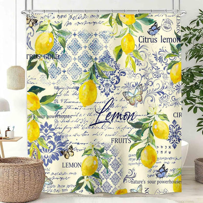Retro Lemon Shower Curtains,Farmhouse Tropical Yellow Fruit Leaf Plants Blue Tile Pattern Printed Waterproof Fabric Bath Shower Curtain Set with Hooks，72x72Inch