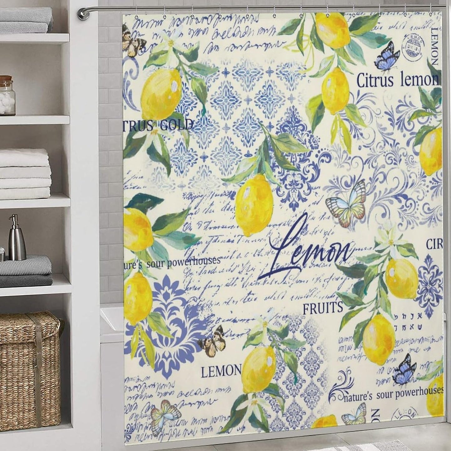Retro Lemon Shower Curtains,Farmhouse Tropical Yellow Fruit Leaf Plants Blue Tile Pattern Printed Waterproof Fabric Bath Shower Curtain Set with Hooks，72x72Inch