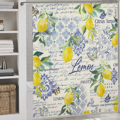 Retro Lemon Shower Curtains,Farmhouse Tropical Yellow Fruit Leaf Plants Blue Tile Pattern Printed Waterproof Fabric Bath Shower Curtain Set with Hooks，72x72Inch
