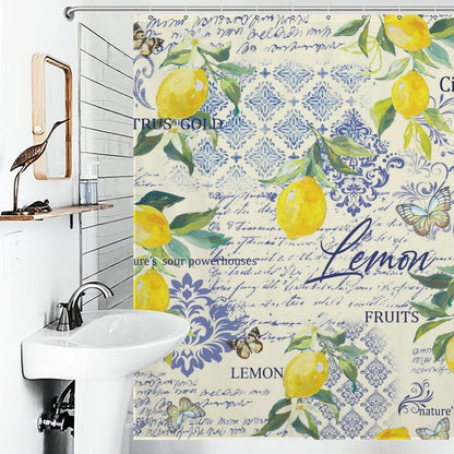 Retro Lemon Shower Curtains,Farmhouse Tropical Yellow Fruit Leaf Plants Blue Tile Pattern Printed Waterproof Fabric Bath Shower Curtain Set with Hooks，72x72Inch