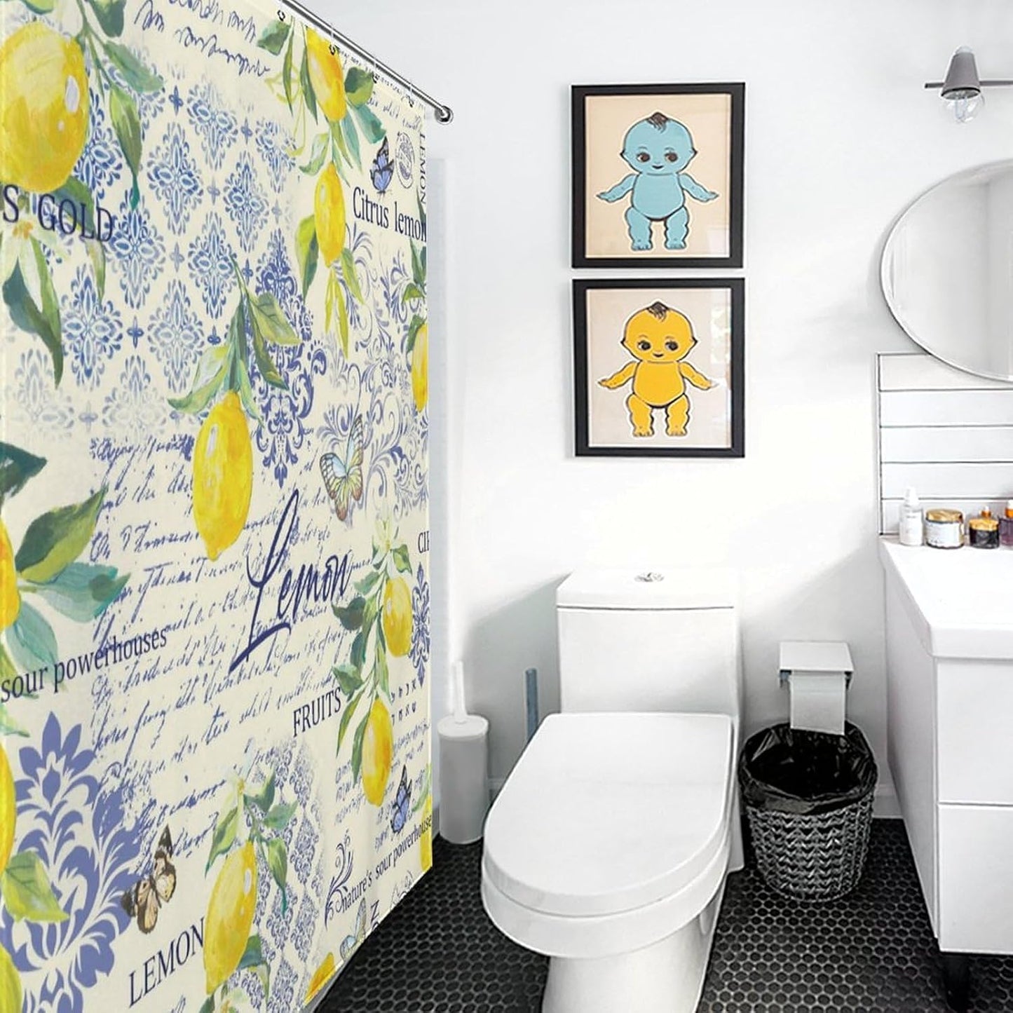 Retro Lemon Shower Curtains,Farmhouse Tropical Yellow Fruit Leaf Plants Blue Tile Pattern Printed Waterproof Fabric Bath Shower Curtain Set with Hooks，72x72Inch