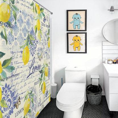 Retro Lemon Shower Curtains,Farmhouse Tropical Yellow Fruit Leaf Plants Blue Tile Pattern Printed Waterproof Fabric Bath Shower Curtain Set with Hooks，72x72Inch