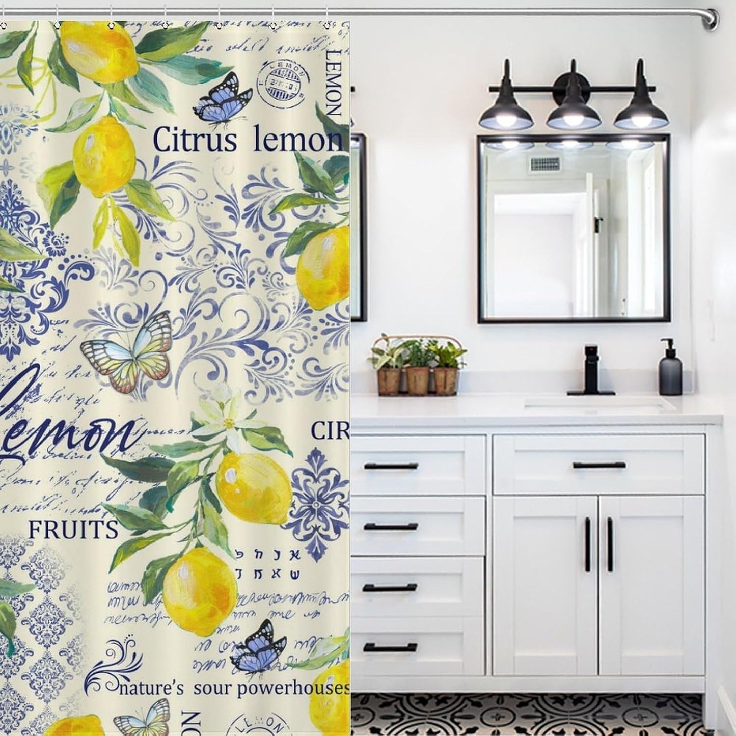 Retro Lemon Shower Curtains,Farmhouse Tropical Yellow Fruit Leaf Plants Blue Tile Pattern Printed Waterproof Fabric Bath Shower Curtain Set with Hooks，72x72Inch