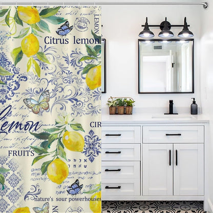 Retro Lemon Shower Curtains,Farmhouse Tropical Yellow Fruit Leaf Plants Blue Tile Pattern Printed Waterproof Fabric Bath Shower Curtain Set with Hooks，72x72Inch