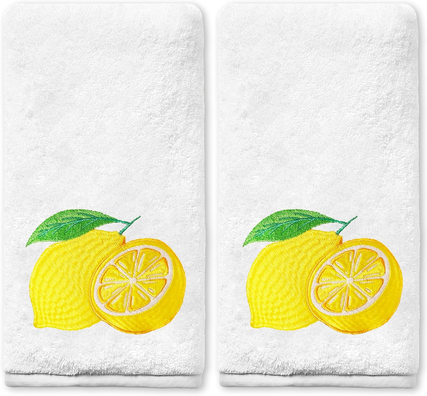 Lemon Hand Towels for Bathroom Set of 2, Spring Summer Bathroom Decor, Lemon Yellow Cotton Soft Embroidered Towels for Kitchen Bath 14x30 Inches