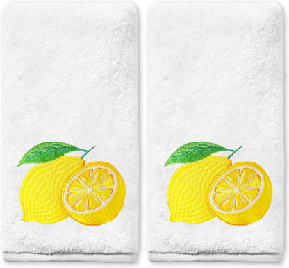 Lemon Hand Towels for Bathroom Set of 2, Spring Summer Bathroom Decor, Lemon Yellow Cotton Soft Embroidered Towels for Kitchen Bath 14x30 Inches