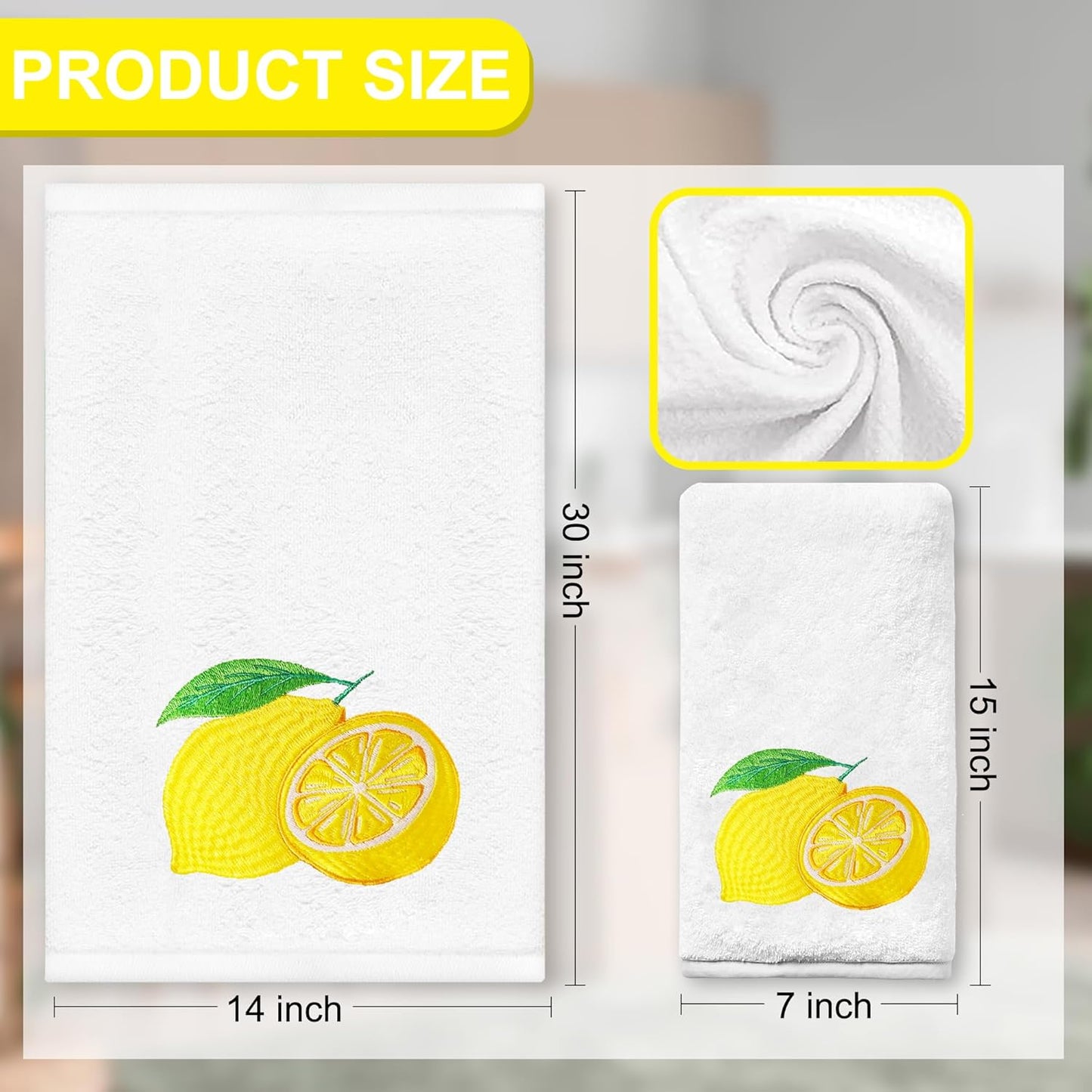 Lemon Hand Towels for Bathroom Set of 2, Spring Summer Bathroom Decor, Lemon Yellow Cotton Soft Embroidered Towels for Kitchen Bath 14x30 Inches