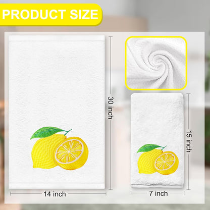 Lemon Hand Towels for Bathroom Set of 2, Spring Summer Bathroom Decor, Lemon Yellow Cotton Soft Embroidered Towels for Kitchen Bath 14x30 Inches