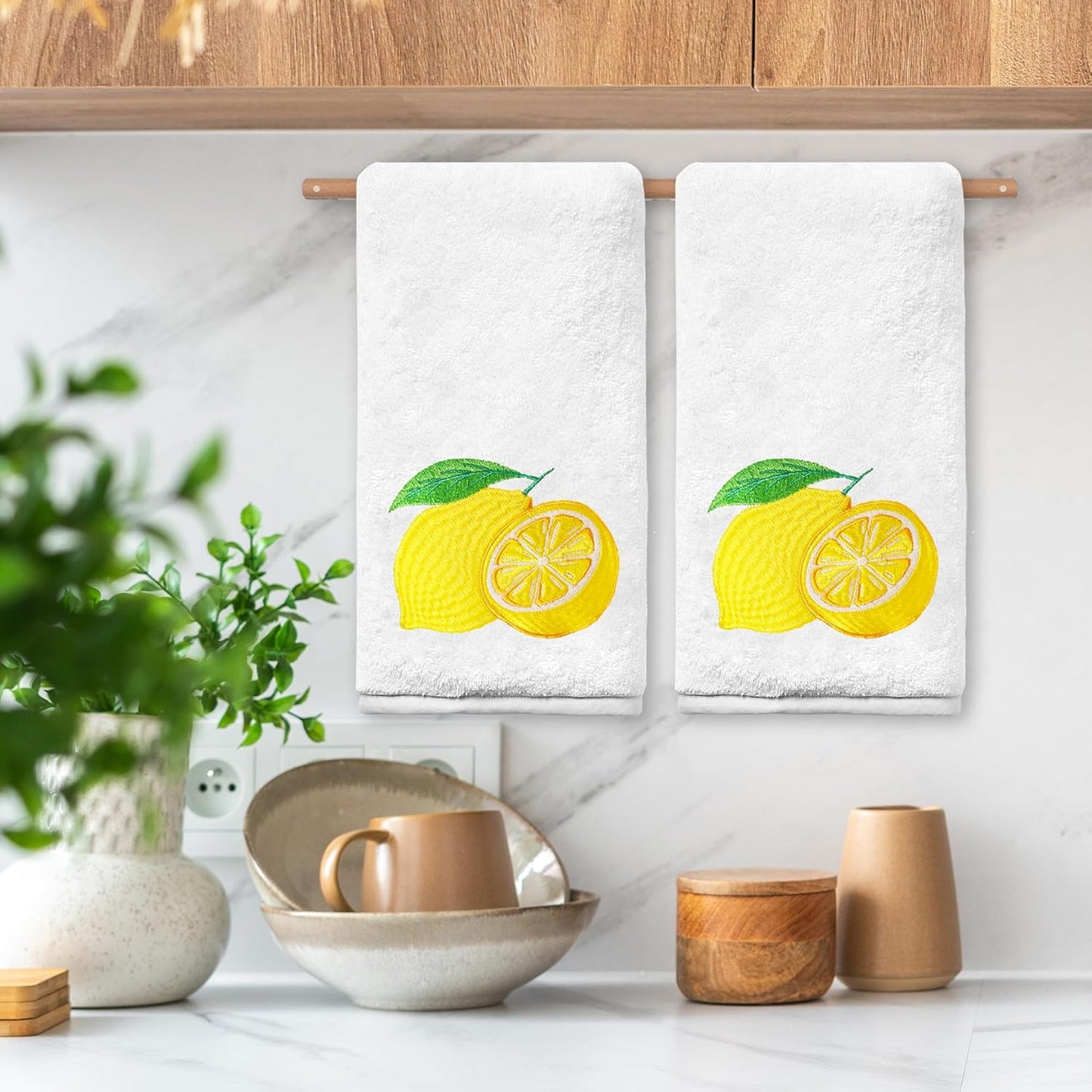Lemon Hand Towels for Bathroom Set of 2, Spring Summer Bathroom Decor, Lemon Yellow Cotton Soft Embroidered Towels for Kitchen Bath 14x30 Inches